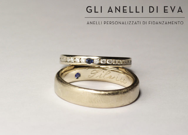 foto fedi con zaffiri e brillanti Veretta di brillanti personalizzata di Silvia, abbinata alla fede con zaffiro di Nicola.